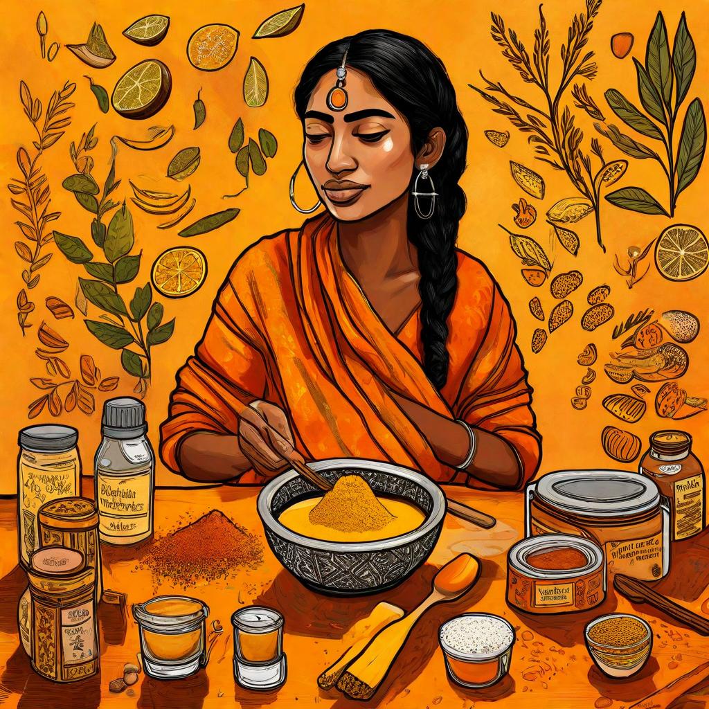East Indian woman with black hair and wearing yellow saree preparing turmeric recipes