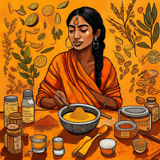 East Indian woman with black hair and wearing yellow saree preparing turmeric recipes 