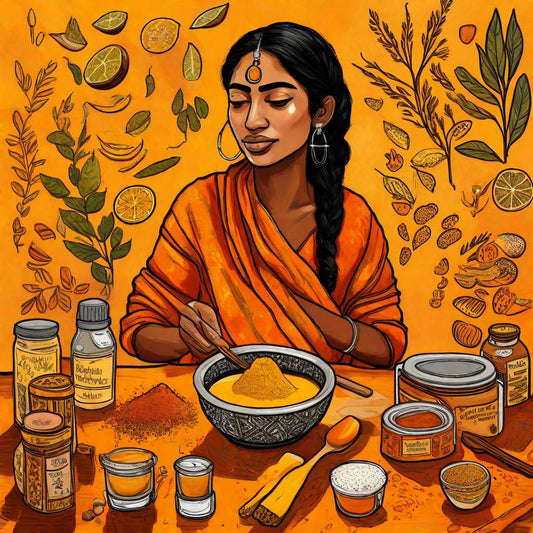 East Indian woman with black hair and wearing yellow saree preparing turmeric recipes