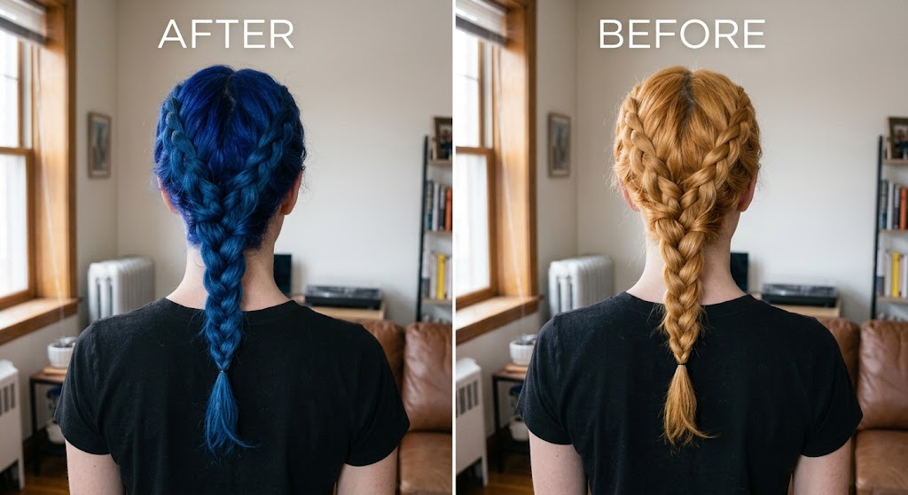 A side-by-side before and after comparison showing a person from behind with a long braided ponytail. The left image, labeled AFTER, shows the hair in a vivid blue color.