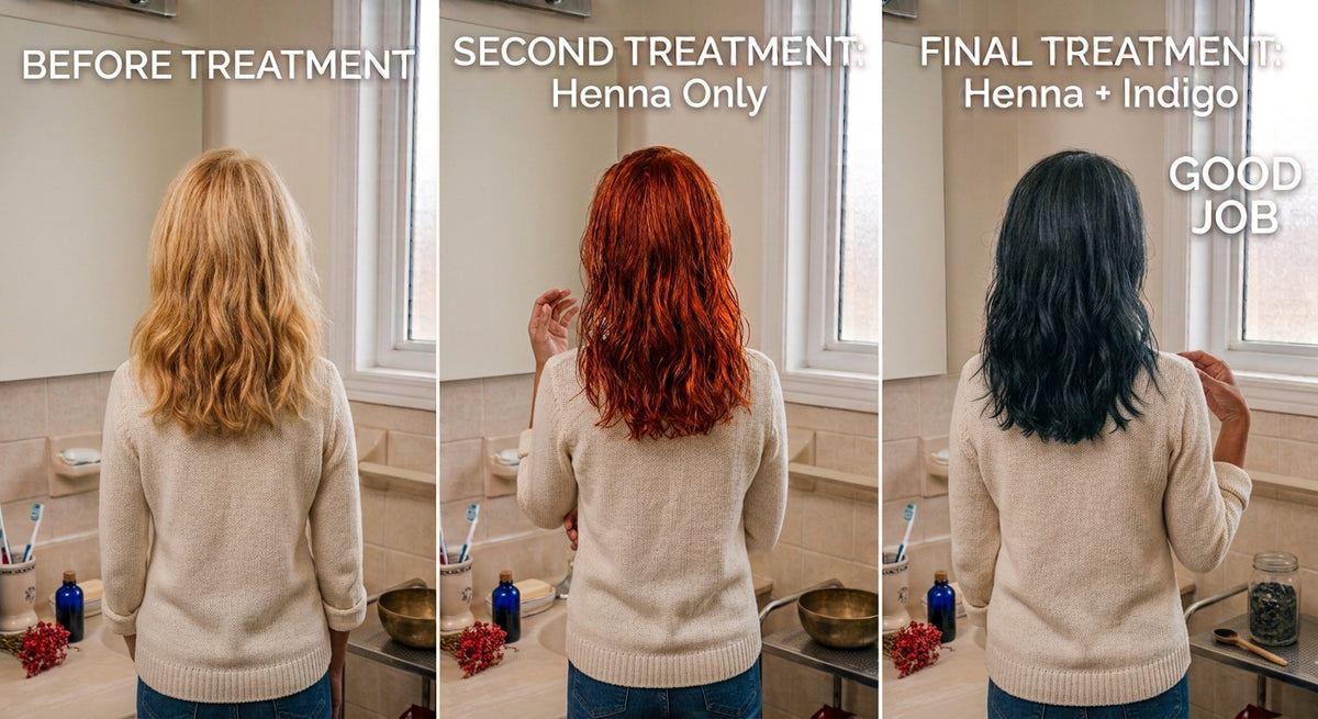 Three side-by-side panels show a woman from behind in a bathroom, demonstrating hair color results labeled 'BEFORE TREATMENT,' 'SECOND TREATMENT Henna Only,' and 'FINAL TREATMENT Henna + Indigo.' The hair changes from blonde to red-orange to very dark black, with text on the right reading 'GOOD JOB.