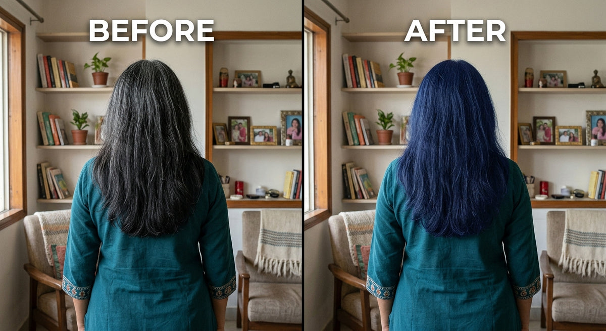 A side-by-side before and after comparison showing a woman from behind in a teal dress, standing in a room with bookshelves. The left side shows dark gray hair, and the right side shows the same hair colored a vivid blue.