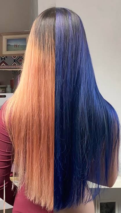 Long straight hair shown from the back, featuring a split color design with peachy blonde on the left side and vivid blue on the right side.